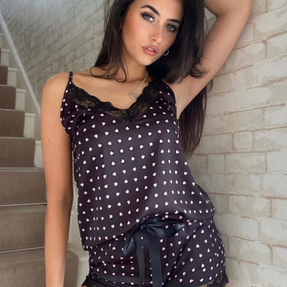Parisian Black Heart Print Satin Cami PJ Set